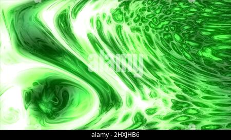 Flecken von grüner Tinte auf der Wasseroberfläche, abstrakt gefärbter Hintergrund. Design. Flüssigkeit glühende Textur fließt langsam. Stockfoto