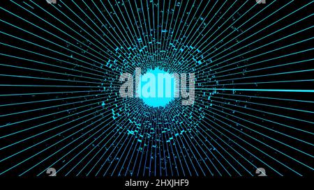 Sich in einem abstrakten digitalen Korridor in Richtung blau leuchtender Kern bewegen. Design. Sich drehender Tunnel mit Strahlen und kleinen Partikeln um einen hellen Kreis herum Stockfoto