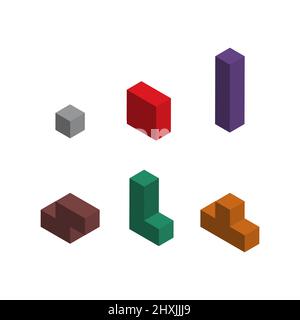 Satz von Farbe Tetris isometrischen Block, Farbe Puzzle-Symbol, Logik Spaß Spiel Vektor Illustration. Stock Vektor
