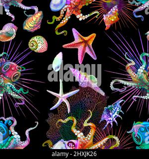 Aquarell nahtlose Zeichnung von Meerestieren. Oktopusse, Seesterne und Muscheln sind die leuchtenden Farben des Regenbogens auf schwarzem Hintergrund. Digitalpapier Stockfoto