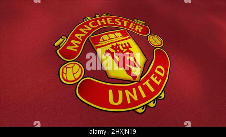 Abstraktes Emblem des Manchester United Profifußballvereins, London. Bewegung. Konzept des Sports. Nur für redaktionelle Zwecke. Stockfoto