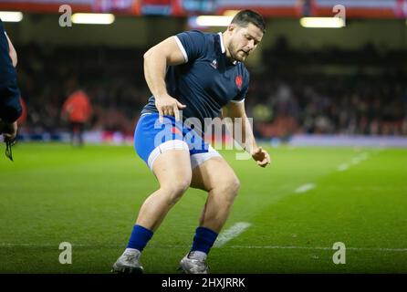 Julien Marchand aus Frankreich erwärmt sich während des Six Nations 2022 Rugby Union Spiels zwischen Wales und Frankreich am 11. März 2022 im Fürstentum Stadium in Cardiff, Wales - Foto Laurent Lairys / DPPI Stockfoto