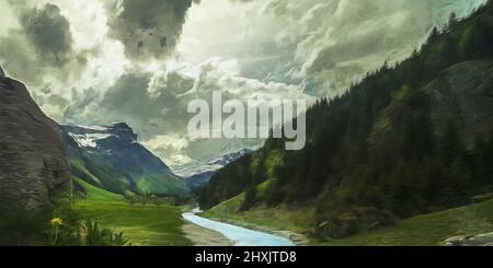 Dichte Wolken über Bergen und Feldern, malerische Landschaft, Panoramablick Stockfoto