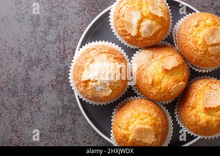 Spanische kleine Magdalena Tasse Kuchen aus Zitrone Geschmack Nahaufnahme in der Platte auf dem Tisch. Horizontale Draufsicht von oben Stockfoto