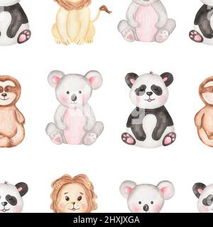 Aquarell Tropical Animal Repeat Paper, Baby Panda nahtloses Muster, niedlicher Koala-Druck, Faultier-Muster für Stoff, Druckdesign, Sammelalbum Papier Stockfoto