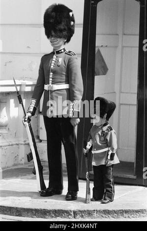 Mark Acklom, 3 Jahre, aus Greenways, Beckenham, Kent, in einem Miniaturgarden-Outfit, komplett mit Gewehr, steht vor dem Clarence House, London, 10.. Juni 1976, als Wache. Stockfoto