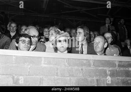 Elton John beim Fußballspiel, West Bromwich Albion gegen Watford. Endstand 1-0 gegen West Bromwich Albion. League Cup 3. Runde. 25.. Oktober 1977. Stockfoto