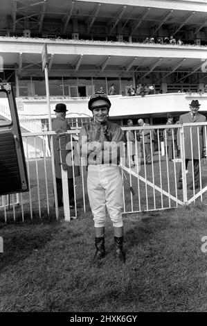 Jockey Willie Carson. „All the Queens Horses“. In West Ilsley steht Berks-Trainer Major W. R. Hern vor den 13 Pferden für die Queen. Von links nach rechts: Hintere Reihe Star Harbour; Circlet; Alma; Tartan Pimpernell; Dunfermline; Und Mary Fitton. Erste Reihe: Bewertung; Kette der Argumentation; Fife und Trommel; Herzog der Normandie; Rhyme Royal; Gesellig und Paintbrust. Der Mann 2. von rechts ist Stan Clayton, ehemaliger Jockey der Queen. 1977 77.-02213-017. April Stockfoto