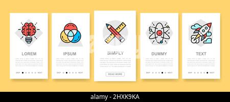 Kreatives vertikales Banner-Set. Moderne dünne Linien flache Symbole für Website-Menü. Innovation, Startup, Artwork, Projekt, Idee mobile Bildschirme. Stock Vektor