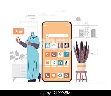 arabische Frau hält Smartphone Mädchen mit Online-Handy-App Social-Media-Kommunikationskonzept Stock Vektor