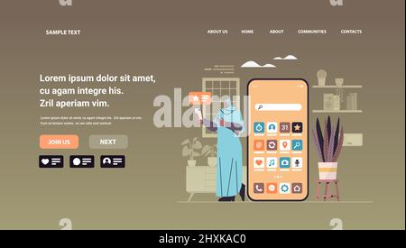 arabische Frau hält Smartphone Mädchen mit Online-Handy-App Social-Media-Kommunikationskonzept Stock Vektor