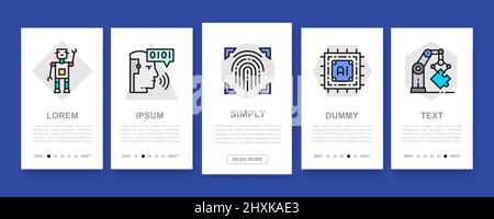 Set von mobilen App-Bildschirmen mit künstlicher Intelligenz. Robotik, Chatbot, Datenbank, Big Data vertikale Banner mit farbigen dünnen Linien-Symbolen. Stock Vektor