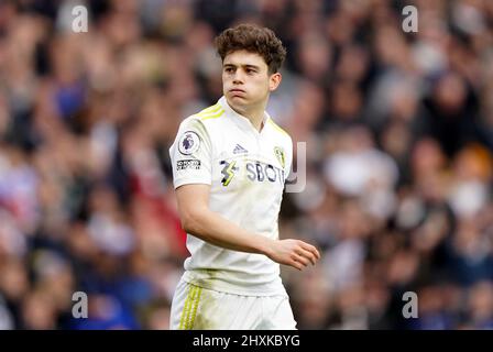 Daniel James von Leeds United reagiert, nachdem sein Tor während des Spiels in der Premier League in der Elland Road, Leeds, im Offside-Spiel entschieden wurde. Bilddatum: Sonntag, 13. März 2022. Stockfoto