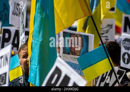 Madrid, Spanien. 13. März 2022. Plakate und ukrainische Flaggen sind während einer Demonstration gegen die russische Invasion in der Ukraine zu sehen. In Madrid lebende Ukrainer und spanische Anhänger marschierten durch die Stadt und forderten das Ende des Krieges in der Ukraine, protestierten gegen den russischen Präsidenten Wladimir Putin und forderten von der NATO, den Himmel über der Ukraine zu schließen. Quelle: Marcos del Mazo/Alamy Live News Stockfoto