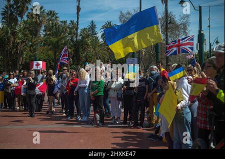 Demonstranten werden gesehen, wie sie Flaggen schwenken, während sie an einem Anti-Kriegs-Protest teilnehmen und das ukrainische Volk auf dem Plaza de la Marina unterstützen. Die Gemeinschaft der in Malaga lebenden Expats hat ihre Unterstützung für das ukrainische Volk gezeigt, indem sie einen Solidaritätsprotest unter dem Motto organisiert hat: "Die vereinten Nationen von Malaga stehen an der Ukraine". Die Ukrainer protestieren weiterhin jede Woche in Malaga gegen die Regierung Wladimir Putin. (Foto von Jesus Merida / SOPA Images/Sipa USA) Stockfoto