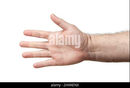 Hand vor Handschlag isoliert auf weißem Hintergrund mit Beschneidungspfad. Leere Männerhand, die einen Handschlag anbot, ließ Hand und Arm nach etwas greifen Stockfoto