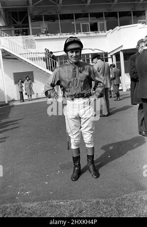 Jockey Willie Carson. „All the Queens Horses“. In West Ilsley steht Berks-Trainer Major W. R. Hern vor den 13 Pferden für die Queen. Von links nach rechts: Hintere Reihe Star Harbour; Circlet; Alma; Tartan Pimpernell; Dunfermline; Und Mary Fitton. Erste Reihe: Bewertung; Kette der Argumentation; Fife und Trommel; Herzog der Normandie; Rhyme Royal; Gesellig und Paintbrust. Der Mann 2. von rechts ist Stan Clayton, ehemaliger Jockey der Queen. 1977 77.-02213-018. April Stockfoto