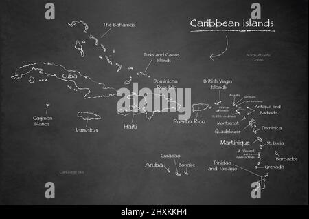Karibische Inseln mit Namen, Design-Karte Tafel Kreidetafel Vektor Stock Vektor