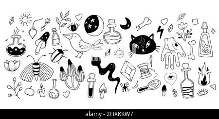 Großes Set aus Magie, Hexerei und okkulten Gegenständen für Hexen, Tiere und Pflanzen. Amulette und Ritualgegenstände, Katze und Schlange, Trank und Pilze. Vektor Stock Vektor