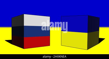 Ukraine Russland. Konflikt zwischen Russland und der Ukraine Kriegskonzept. Hintergrund der Ukraine-Flagge. Ukraine und Russland 3D Würfel. Horizontales Design. Abbildung Stockfoto