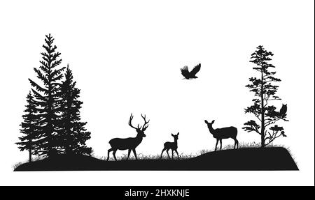 Set von Silhouetten von Bäumen und wilden Waldtieren. Hirsch, Fawn, Rehe, Eule, Vogel des Gebetes. Schwarz-weiße handgezeichnete Illustration. Stockfoto