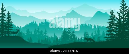 Horizontales Banner. Silhouette des Fuchses, der auf einem Grashügel steht. Hirsch. Berge und Wald im Hintergrund. Magische neblige Landschaft, Bäume, Tiere. Gre Stock Vektor