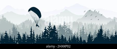 Horizontales Banner. Magische neblige Landschaft mit Gleitschirm und Vögeln. Silhouetten von Bäumen und Bergen. Graue Abbildung. Stock Vektor