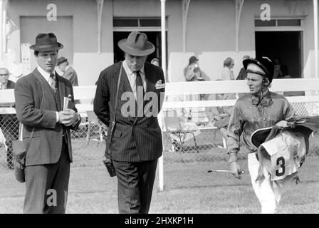 Jockey Willie Carson. „All the Queens Horses“. In West Ilsley steht Berks-Trainer Major W. R. Hern vor den 13 Pferden für die Queen. Von links nach rechts: Hintere Reihe Star Harbour; Circlet; Alma; Tartan Pimpernell; Dunfermline; Und Mary Fitton. Erste Reihe: Bewertung; Kette der Argumentation; Fife und Trommel; Herzog der Normandie; Rhyme Royal; Gesellig und Paintbrust. Der Mann 2. von rechts ist Stan Clayton, ehemaliger Jockey der Queen. 1977 77.-02213-009. April Stockfoto