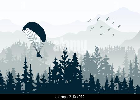 Horizontales Banner. Magische neblige Landschaft mit Gleitschirm und Vögeln. Silhouetten von Bäumen und Bergen. Graue Abbildung. Stock Vektor