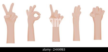 Sammlung von Handgesten-Symbolen. Vektor 3D Illustration im Cartoon-Stil auf weiß isoliert gesetzt. Stock Vektor