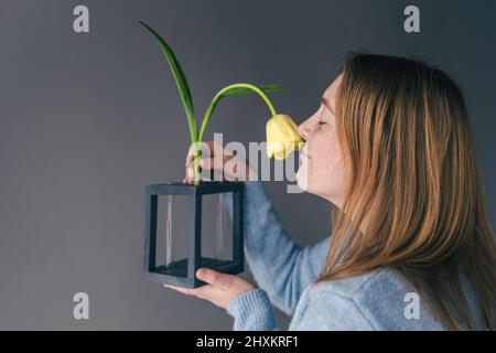 Niedliche junge Frau schnuppert eine Tulpe in einer Vase auf grauem Hintergrund. Stockfoto