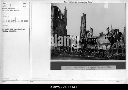 Ruinen der Kathedrale in Ypern, Belgien; 11/1916. Sammlung von Fotografien aus dem Ersten Weltkrieg, 1914-1918, die die militärischen Aktivitäten der britischen und anderen Streitkräfte und des Personals während des Ersten Weltkriegs darstellen Stockfoto