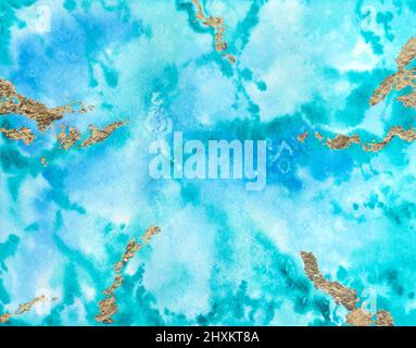 Handbemalte blaue Aquarelltextur mit Goldfolienpartikeln. Farbenfrohes Overlay. Abstrakt kreativ texturierter Hintergrund für Poster, Banner, Karten, Scra Stockfoto