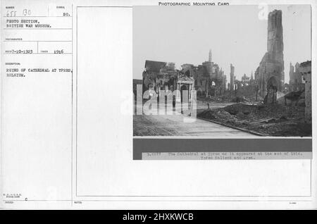 Ruinen der Kathedrale in Ypern, Belgien. 1916. Sammlung von Fotos aus dem Ersten Weltkrieg, 1914-1918, die die militärischen Aktivitäten der britischen und anderen Streitkräfte und des Personals während des Ersten Weltkriegs darstellen Stockfoto