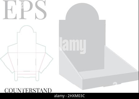 Thekendisplay-Schablone, Vektor mit Stempelschnitt, lasergeschnittene Schichten. Thekenständer, Ablagefach für Schneidwerk. Weiß, klar, leer, isoliert Zähleranzeige Modell Stock Vektor