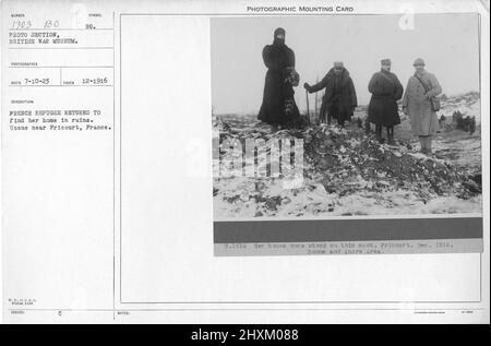Die französische Flüchtling kehrt zurück, um in Trümmern ihr Zuhause zu finden. Szene in der Nähe von Fricourt, Frankreich. 12-1916. Sammlung von Fotografien aus dem Ersten Weltkrieg, 1914-1918, die die militärischen Aktivitäten der britischen und anderen Streitkräfte und des Personals während des Ersten Weltkriegs darstellen Stockfoto