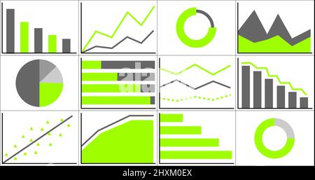 Große Infografiken eingestellt. Vektor Illustration von verschiedenen Diagrammen und Graphen in grünen und grauen Farben. Stock Vektor