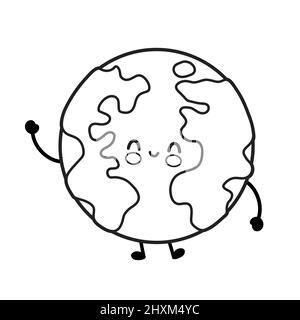 Nette lustige glückliche Erde Planet Seite zum ausmalen. Vektor Hand gezeichnet Cartoon kawaii Charakter Illustration Logo icon.Earth Planet, Ökologie, Öko Maskottchen Charakter, Färbung Seite Konzept Stock Vektor