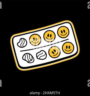 Blister mit Lächeln Gesicht Tabletten T-Shirt-Print.Vector Cartoon Grafik Illustration Logo-Design. Lächeln Gesicht Pillen in Blister, Antidepressivum, lsd-Säureprint für Poster, T-Shirt, Logo-Konzept Stock Vektor