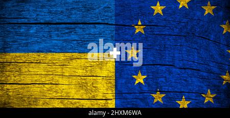 Banner europa Union und Ukraine Flaggen Hintergrund. Europäische Union und Ukraine, NATO-Foto Stockfoto