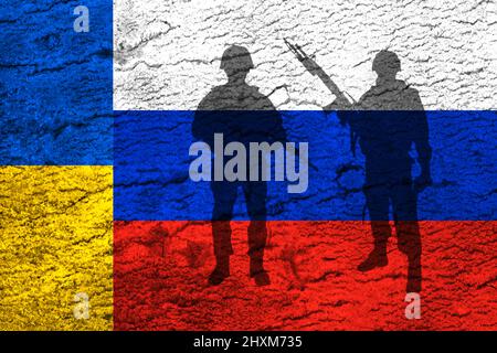 Russische und ukrainische Flaggen Konzept. Krieg und Konflikt, russische Aggression, Militär 2022 Foto Stockfoto