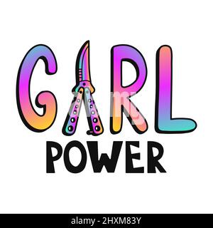 Girl Power Print für T-Shirt-Konzept. Vektor Hand gezeichnete Doodle Linie Cartoon Illustration. Messer, Feminismus, Mädchen Power Print für T-Shirt, Poster, Aufkleber, Cover, Badge-Konzept Stock Vektor