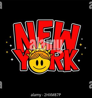 New York Zitat mit Freiheitsstatue Lächeln Gesicht Druck für T-Shirt.Vector Graffiti Kunst, Doodle Linie Cartoon Charakter Illustration. Freiheitsstatue, NY, New York Druck für T-Shirt, Poster, Aufkleber Konzept Stock Vektor