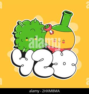 Nette glückliche lustige Unkrautknospe und Bong. 420-Nummern-T-Shier-Druck. Vektor Cartoon Figur Illustration Symbol Design. Marihuana, Rauchkraut, Cannabis, 420-Druck für T-Shirt, Logo, Poster, Stickerkonzept Stock Vektor