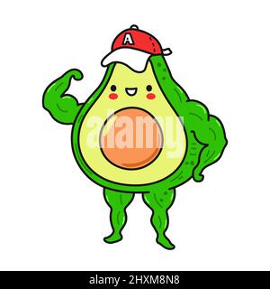 Nette lustige glücklich Avocado zeigen muscle.Vector handgezeichnete Cartoon Doodle kawaii Charakter Illustration icon.Isolated auf weißem Hintergrund. Avocado, Sport, Fitness gesundes Essen Cartoon Charakter Konzept Stock Vektor