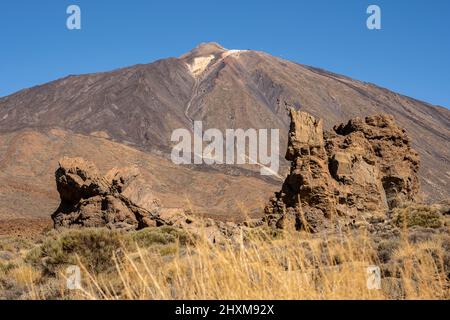 Teide, vulkanische Felsformationen und einheimische Vegetation, im Teide Nationalpark, Teneriffa, Kanarische Inseln, Spanien Stockfoto