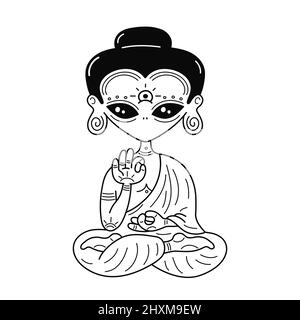 Lustige Buddha Alien sitzen im Lotus Yoga Pose.Vector Linie Kunstseite für das Ausmalen Buch.Buddha, buddhist, Ausländer, ufo, grüne kosmische Kreatur Charakter T-Shirt, Logo, Aufkleber Druckkonzept Stock Vektor