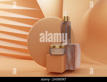 Mockup-Creme Gläser auf einem cremefarbenen Hintergrund . Abbildung für Modell 3D Stockfoto