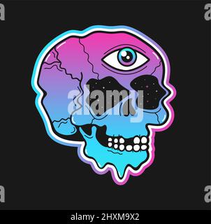 Psychedelischer, trippiger Schädel mit offenem dritten Auge. Vektor Hand gezeichnete Doodle Linie Cartoon Figur Illustration. Psychedelisch, sauer, Schädel, Aufdruck für das dritte Auge für T-Shirt, Poster, Aufkleber, Abdeckung, Kartenkonzept Stock Vektor