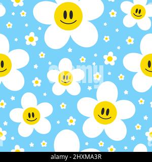 Nette lustige kawaii Lächeln Gesicht Blumen auf blauem Hintergrund nahtlose pattern.Vector Cartoon kawaii Charakter Illustration Design.positive vintage Lächeln Gesicht, Kamille Blume nahtlose Muster Konzept Stock Vektor